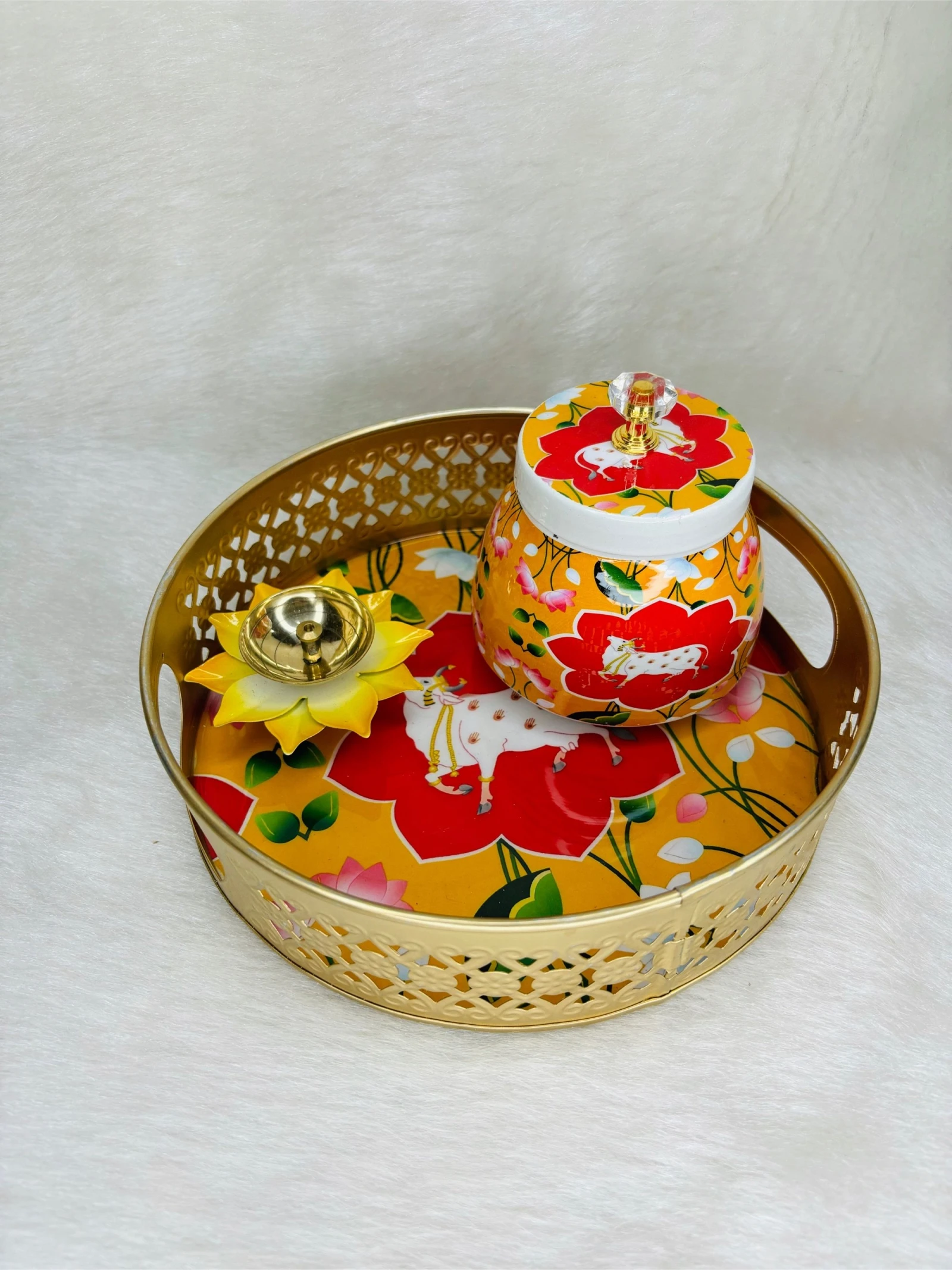 Pichwai Themed Metal Tray with Dry Fruit Jar and Diya Set - 2
